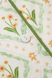 Green Spring Floral Print Button Up Top Short Pajama Lounge Set