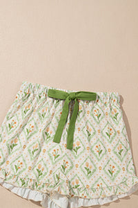 Green Spring Floral Print Button Up Top Short Pajama Lounge Set