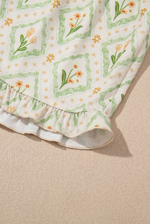 Green Spring Floral Print Button Up Top Short Pajama Lounge Set