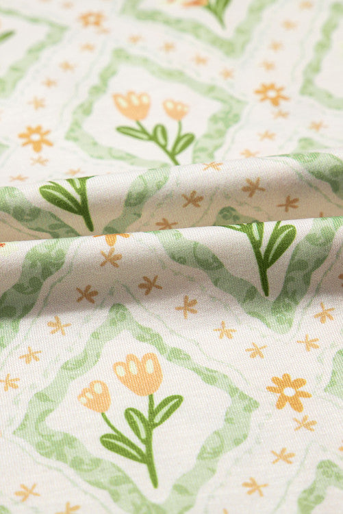 Green Spring Floral Print Button Up Top Short Pajama Lounge Set