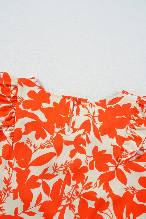 Orange Floral Ruffle Flutter Sleeve Blouse