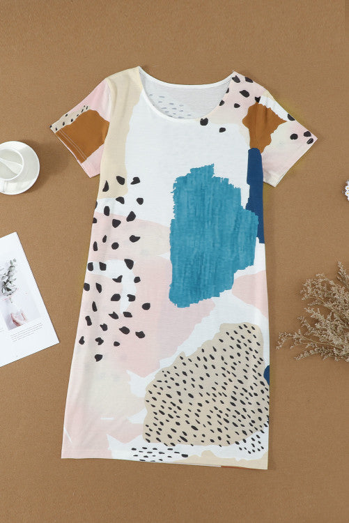 Teal and Blush Leopard Abstract Print Tee Dress