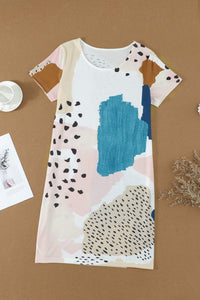 Teal and Blush Leopard Abstract Print Tee Dress