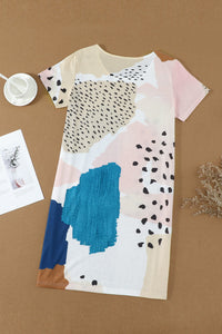 Teal and Blush Leopard Abstract Print Tee Dress
