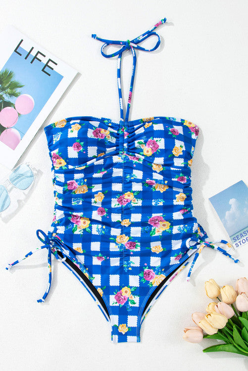 Royal Blue Gingham Floral Halter Ruched Side Ties Swimsuit