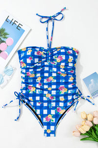 Royal Blue Gingham Floral Halter Ruched Side Ties Swimsuit