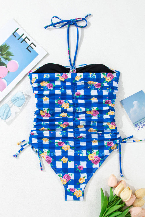 Royal Blue Gingham Floral Halter Ruched Side Ties Swimsuit