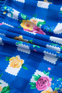Royal Blue Gingham Floral Halter Ruched Side Ties Swimsuit