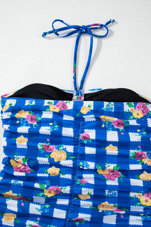 Royal Blue Gingham Floral Halter Ruched Side Ties Swimsuit