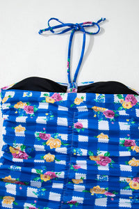 Royal Blue Gingham Floral Halter Ruched Side Ties Swimsuit