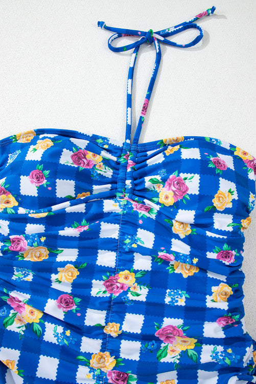Royal Blue Gingham Floral Halter Ruched Side Ties Swimsuit