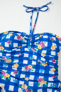 Royal Blue Gingham Floral Halter Ruched Side Ties Swimsuit