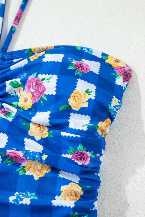 Royal Blue Gingham Floral Halter Ruched Side Ties Swimsuit