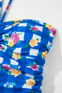 Royal Blue Gingham Floral Halter Ruched Side Ties Swimsuit
