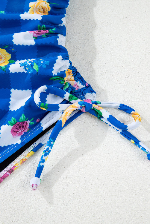 Royal Blue Gingham Floral Halter Ruched Side Ties Swimsuit