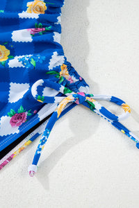 Royal Blue Gingham Floral Halter Ruched Side Ties Swimsuit