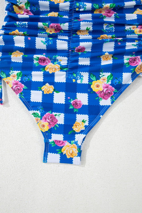 Royal Blue Gingham Floral Halter Ruched Side Ties Swimsuit