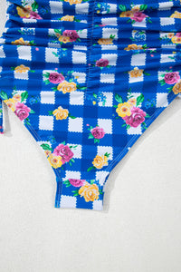 Royal Blue Gingham Floral Halter Ruched Side Ties Swimsuit