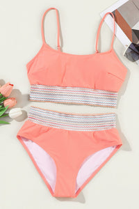 Coral Colored Stripe Elastic Band Bikini 2-Pc Set