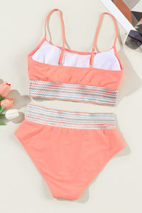 Coral Colored Stripe Elastic Band Bikini 2-Pc Set