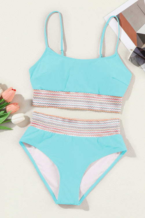 Turquoise Multi-Color Striped Elastic Band Bikini 2-Pc Set