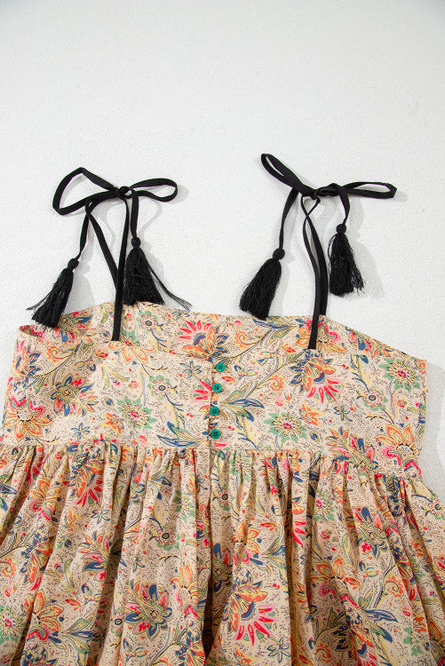 Beige and Peach Floral Black Tasseled Spaghetti Straps Ruffled Peplum Tank Top