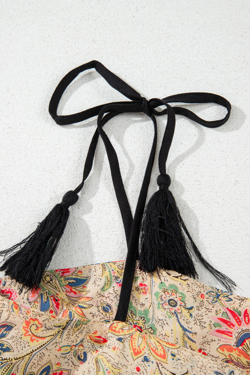 Beige and Peach Floral Black Tasseled Spaghetti Straps Ruffled Peplum Tank Top