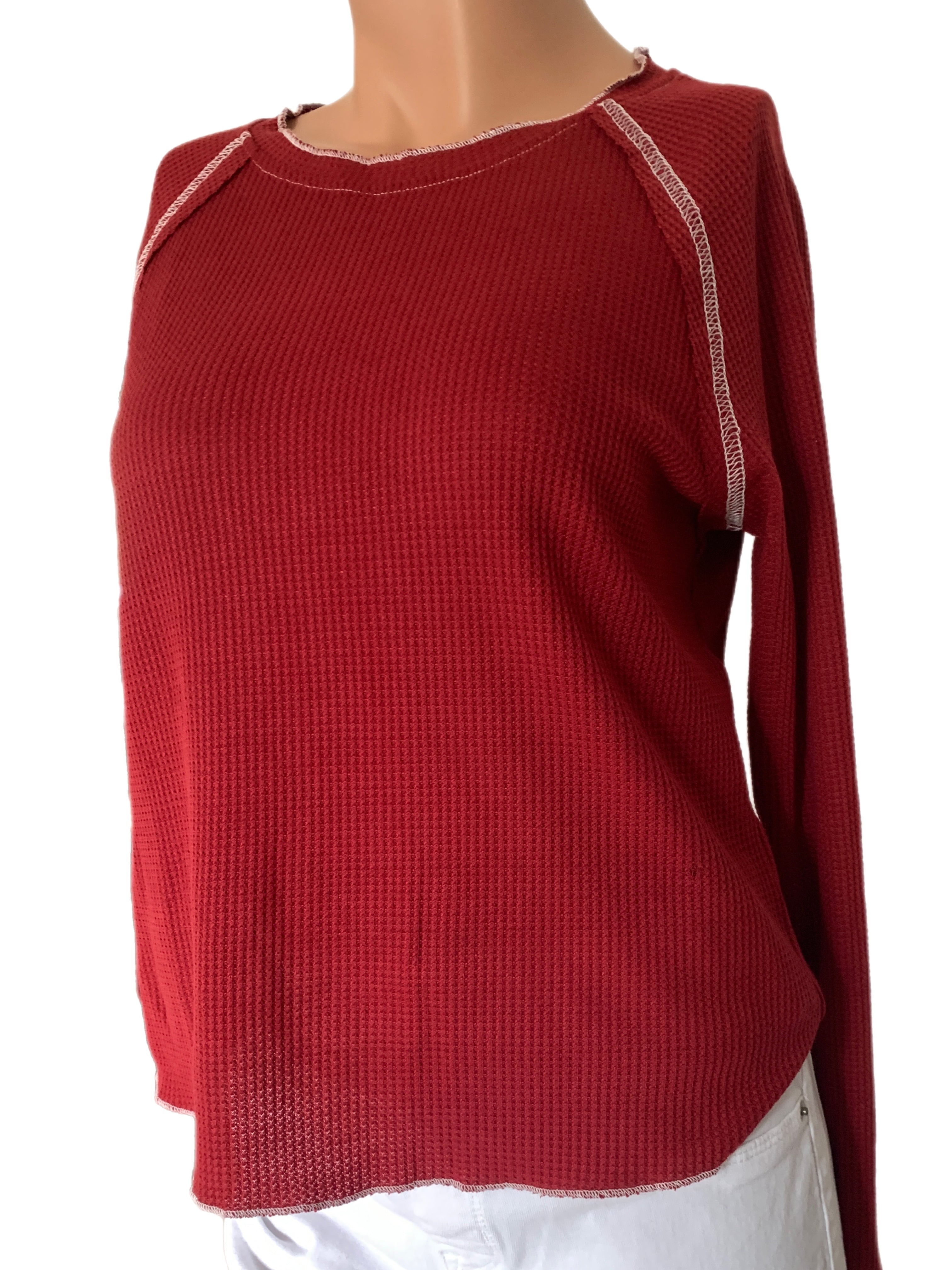 Deep Red Long Sleeve Exposed Seam Lightweight Waffle Knit Top