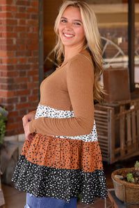 Brown Ribbed Knit Dotted Ruffly Silky Babydoll Top