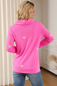 Pink Embroidered Daisy Cowl Neck Pullover