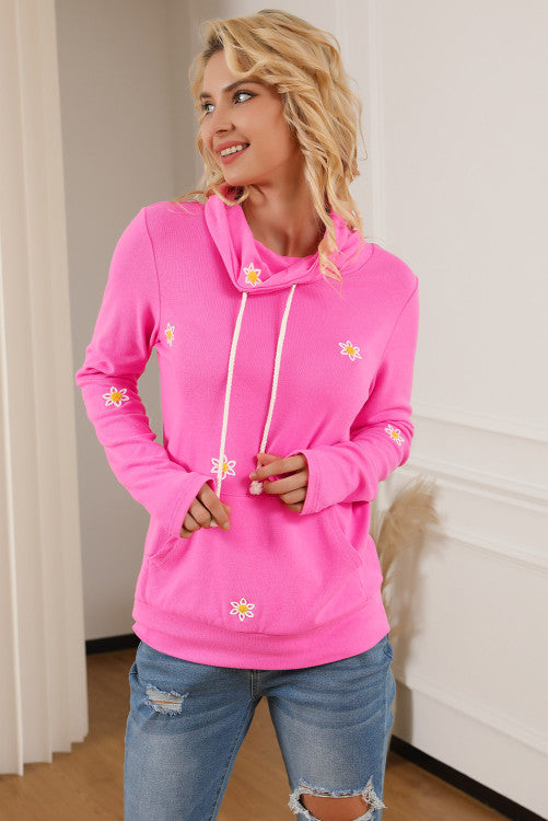 Pink Embroidered Daisy Cowl Neck Pullover