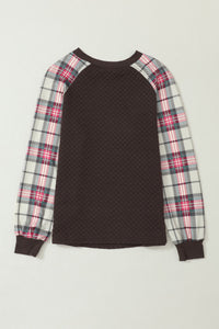 Dark Brown Quilted Crewneck Sweatshirt with Plaid Raglan Sleeves