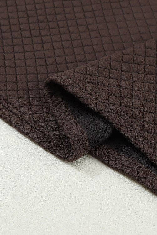 Dark Brown Quilted Crewneck Sweatshirt with Plaid Raglan Sleeves