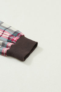 Dark Brown Quilted Crewneck Sweatshirt with Plaid Raglan Sleeves