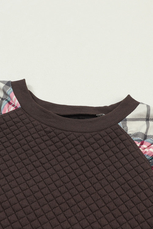 Dark Brown Quilted Crewneck Sweatshirt with Plaid Raglan Sleeves