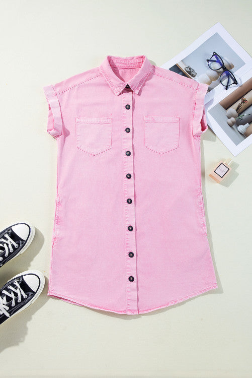 Pink Short Sleeve Button Down Denim Shirt Dress