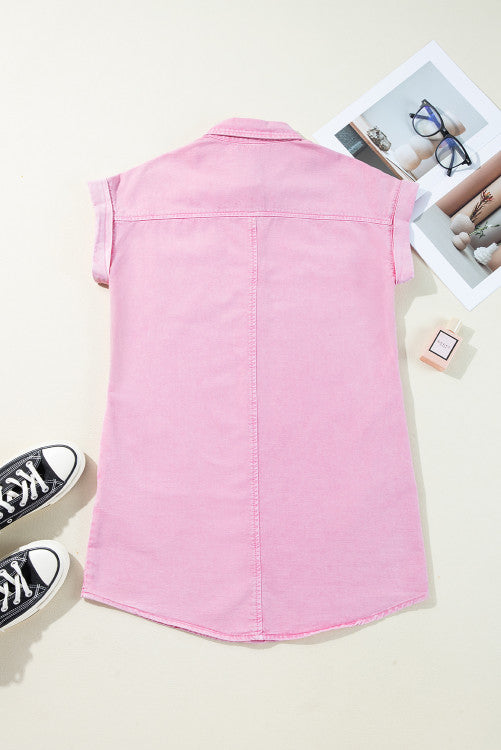 Pink Short Sleeve Button Down Denim Shirt Dress