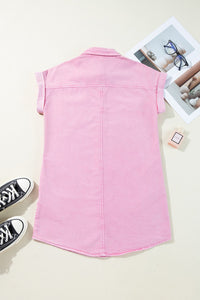 Pink Short Sleeve Button Down Denim Shirt Dress