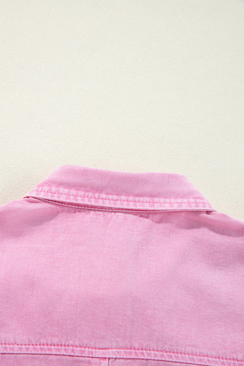 Pink Short Sleeve Button Down Denim Shirt Dress