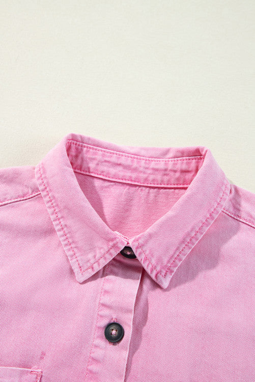 Pink Short Sleeve Button Down Denim Shirt Dress