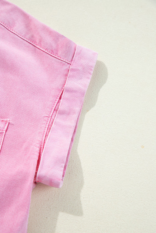 Pink Short Sleeve Button Down Denim Shirt Dress