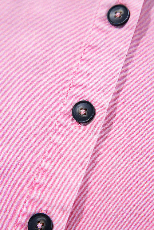 Pink Short Sleeve Button Down Denim Shirt Dress