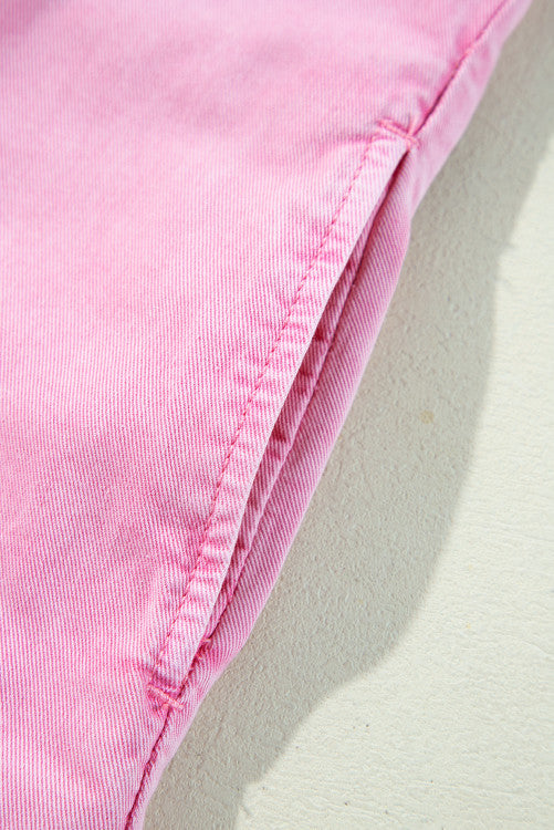 Pink Short Sleeve Button Down Denim Shirt Dress