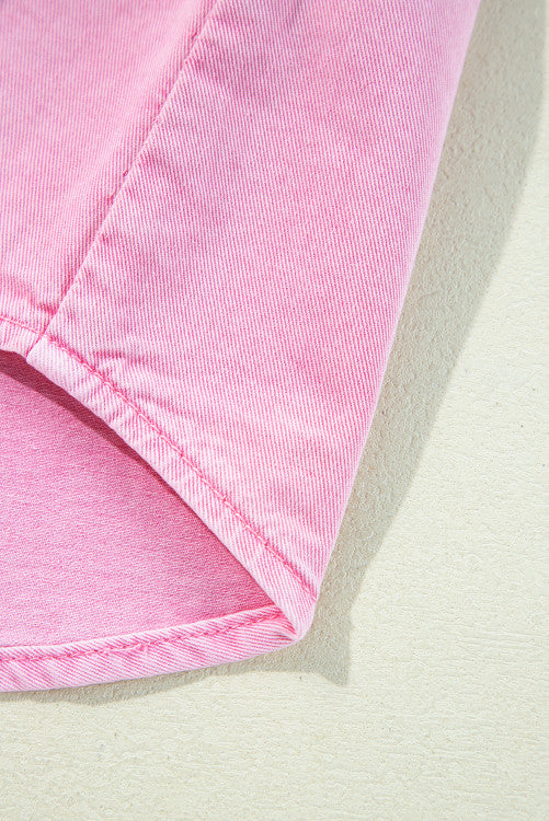 Pink Short Sleeve Button Down Denim Shirt Dress