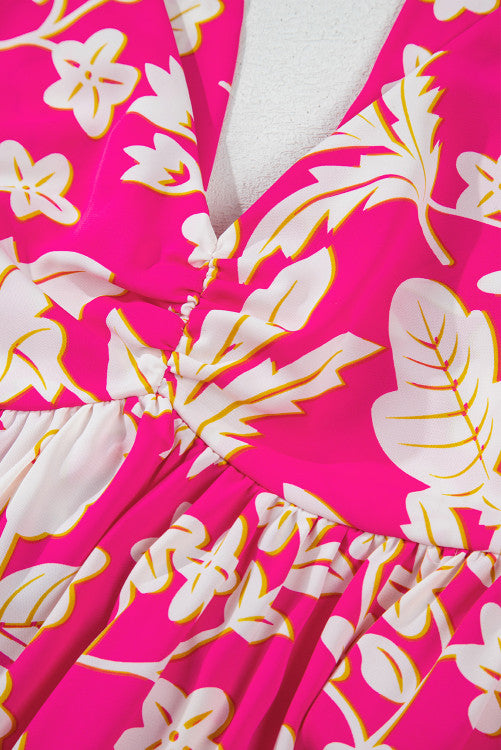 Bright Pink Floral V-Neck Crisscross Open Back Maxi Dress