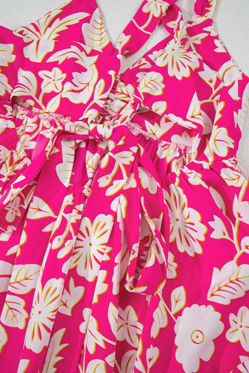 Bright Pink Floral V-Neck Crisscross Open Back Maxi Dress
