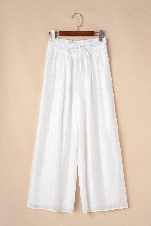 White Casual Elastic Back Waist Textured Wide Leg Lined Pants