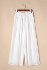 White Casual Elastic Back Waist Textured Wide Leg Lined Pants