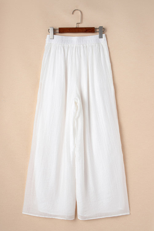 White Casual Elastic Back Waist Textured Wide Leg Lined Pants