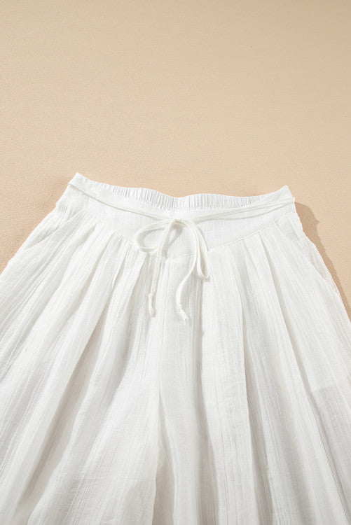 White Casual Elastic Back Waist Textured Wide Leg Lined Pants